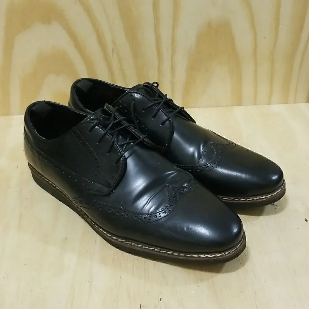 ASOS DESIGN fit brogue shoes in black leather with wedge sole size 13